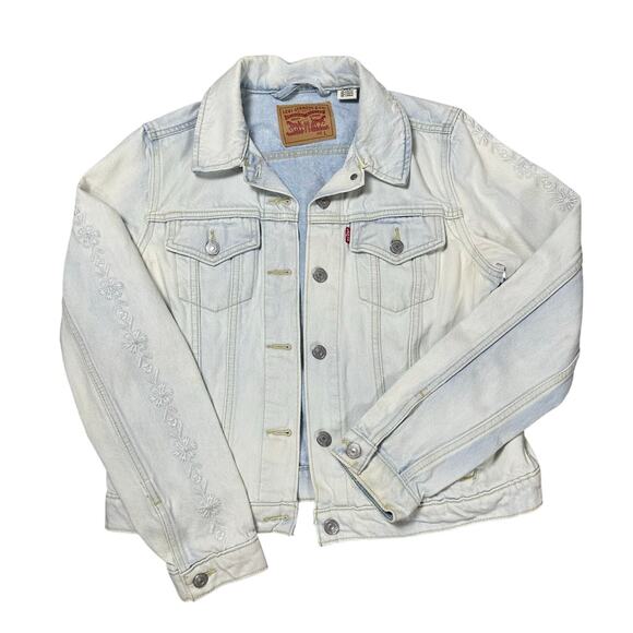 Levi's Original Trucker Jacket Light Wash Embroidered Floral Sleeves - Picture 1 of 9